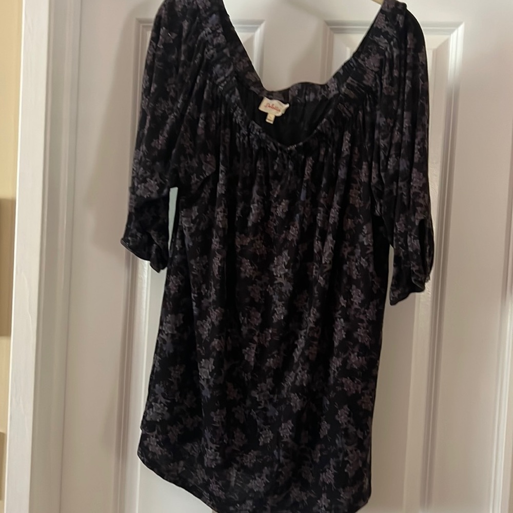 Deletta from Anthropology- off the shoulder Black Floral tunic length top.